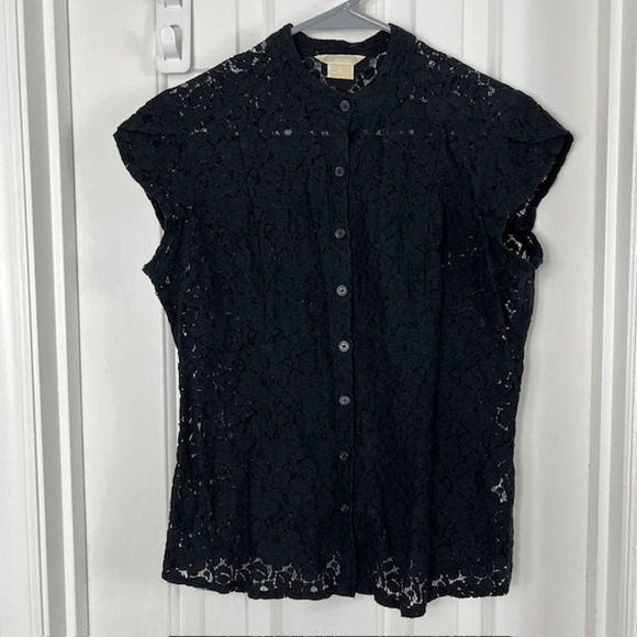 MICHAEL KORS Womens Black Embellished Sheer Bell Sleeve Jewel Neck Top main image 0